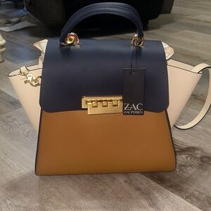 ZAC Zac Posen Tri-Color Top-Handle Satchel in Navy, Camel & Cream